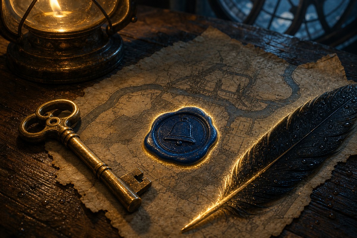 A brass key, canal map, blue wax seal, and black feather on a table.
